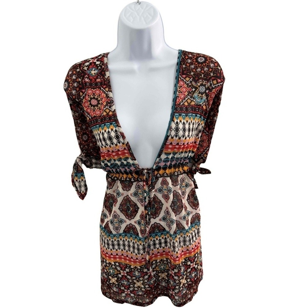 EMBER Blouse Womens Large Print Deep V Neck Tie 3/4 sleeve Indie Boho Top